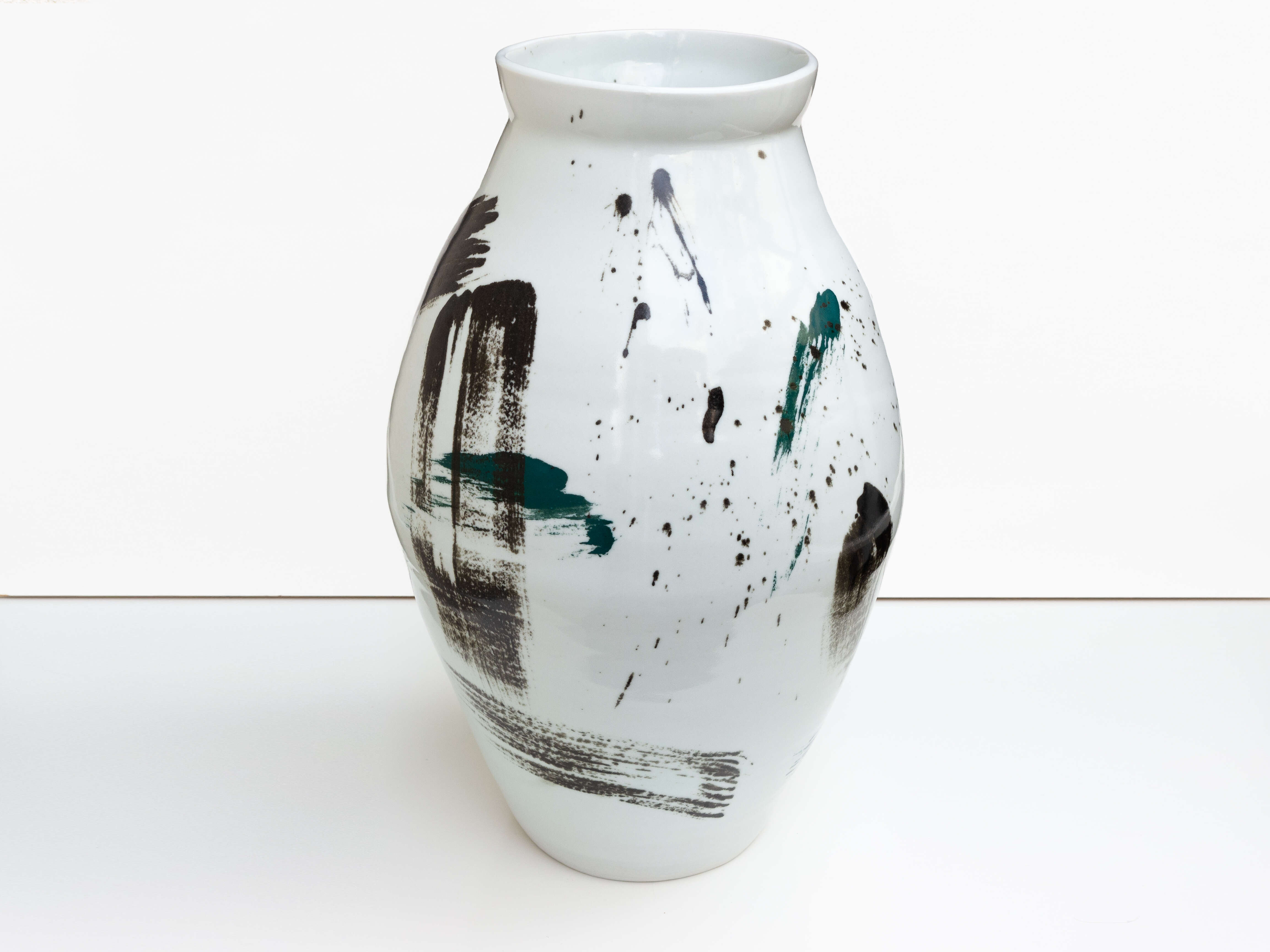 Tall blue-green brushstroke moon jar