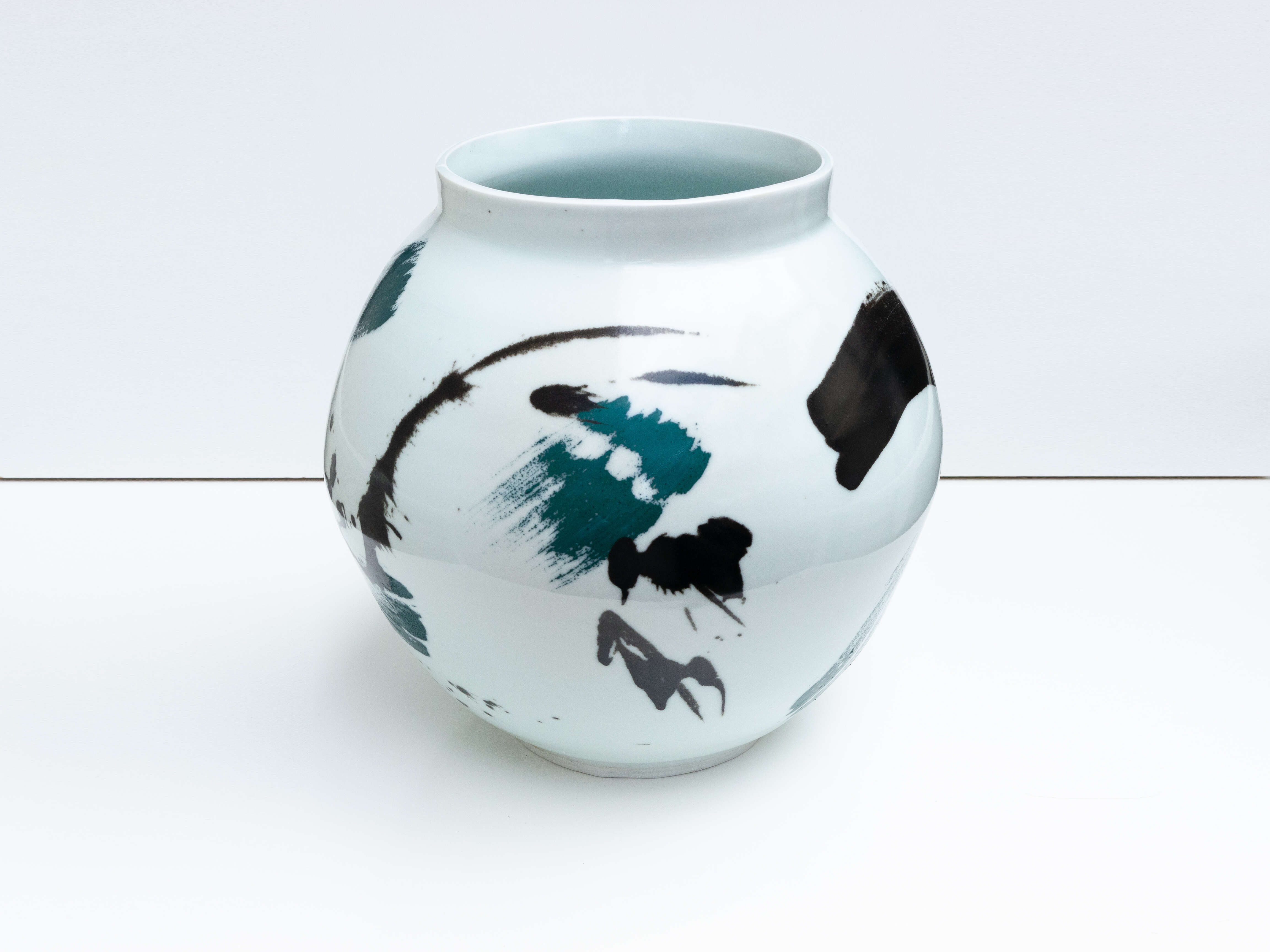 Wide blue-green brushstroke moon jar