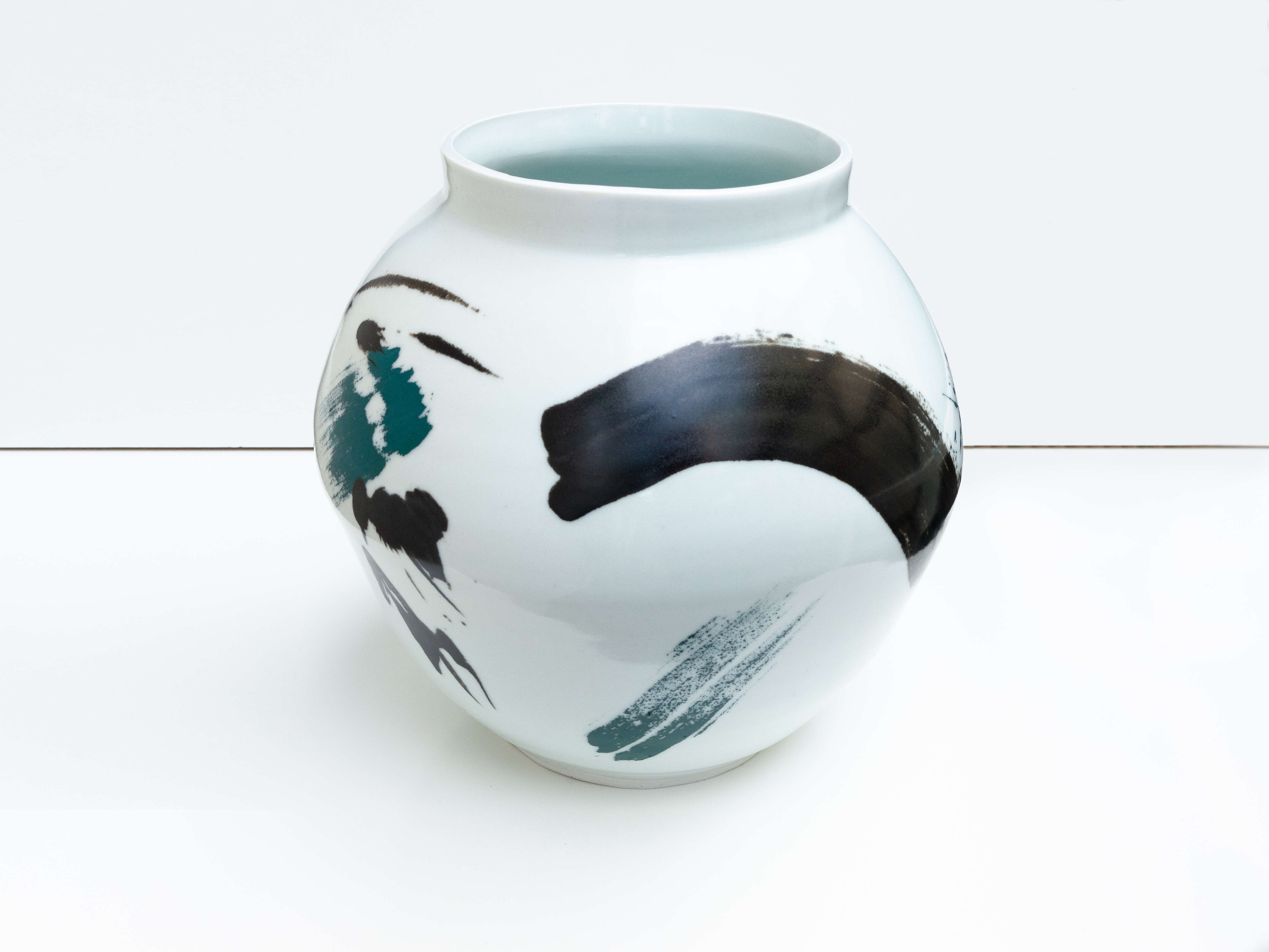 Wide blue-green brushstroke moon jar