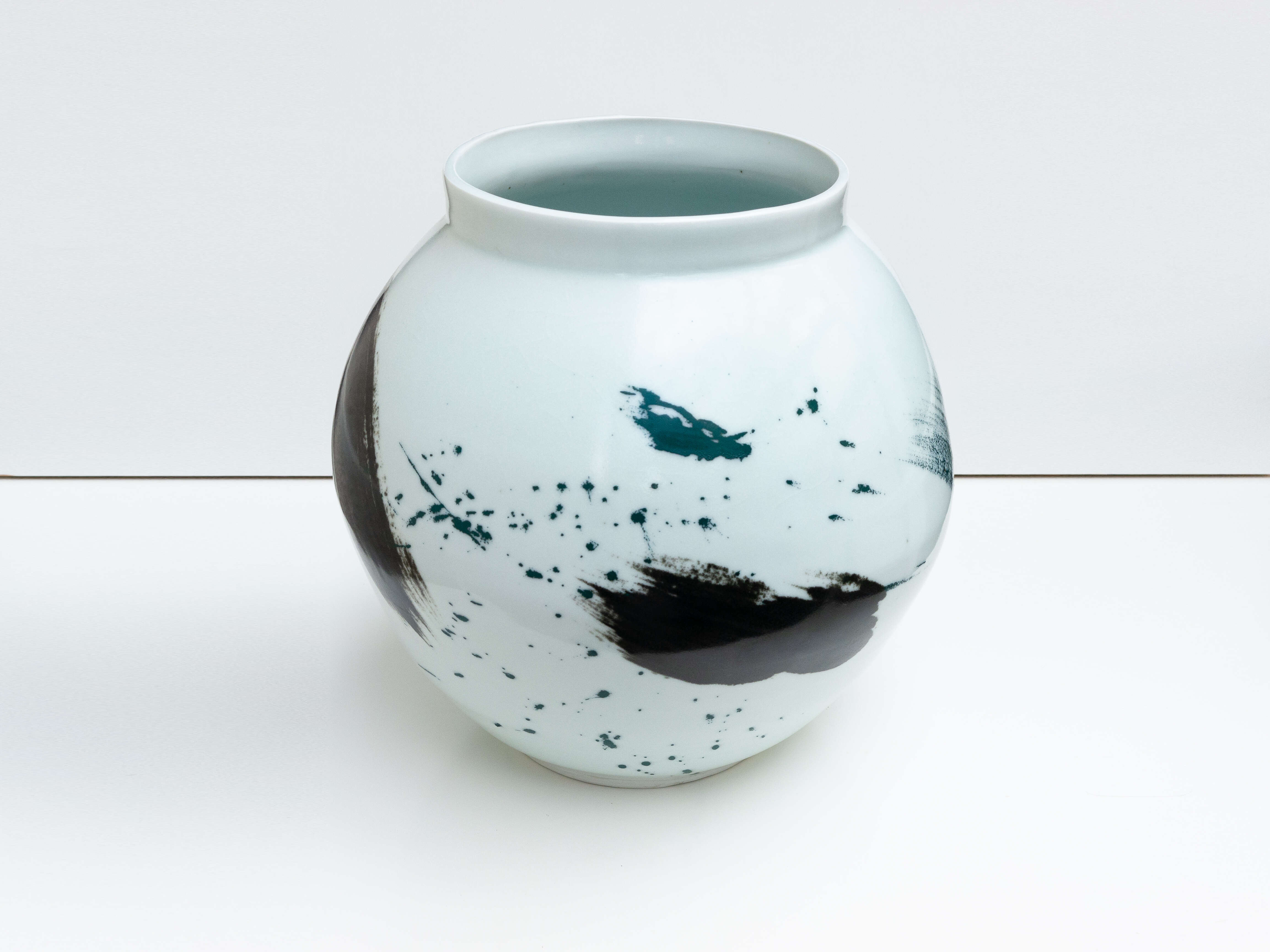 Wide blue-green brushstroke moon jar