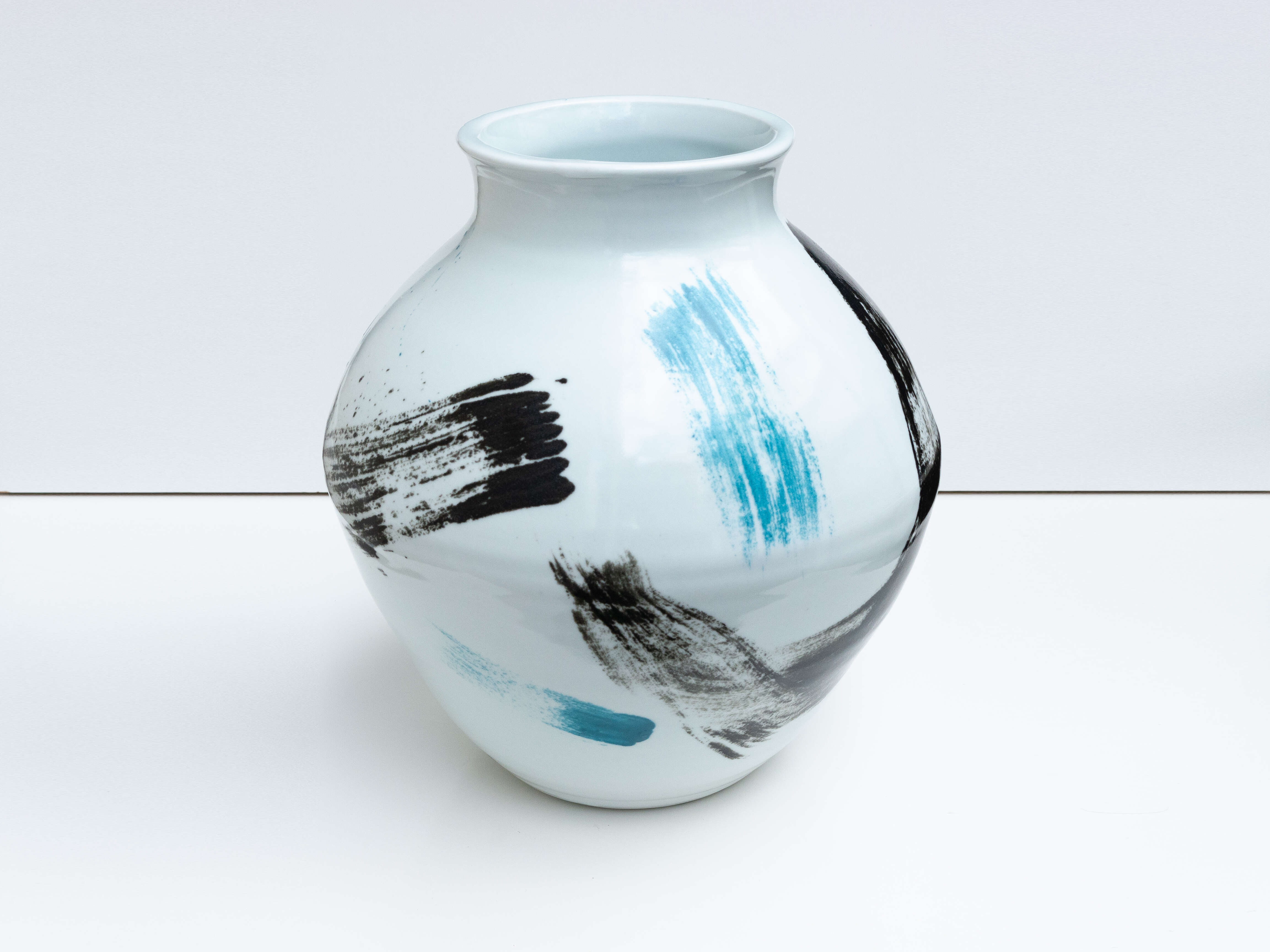 Large light blue brushstroke moon jar