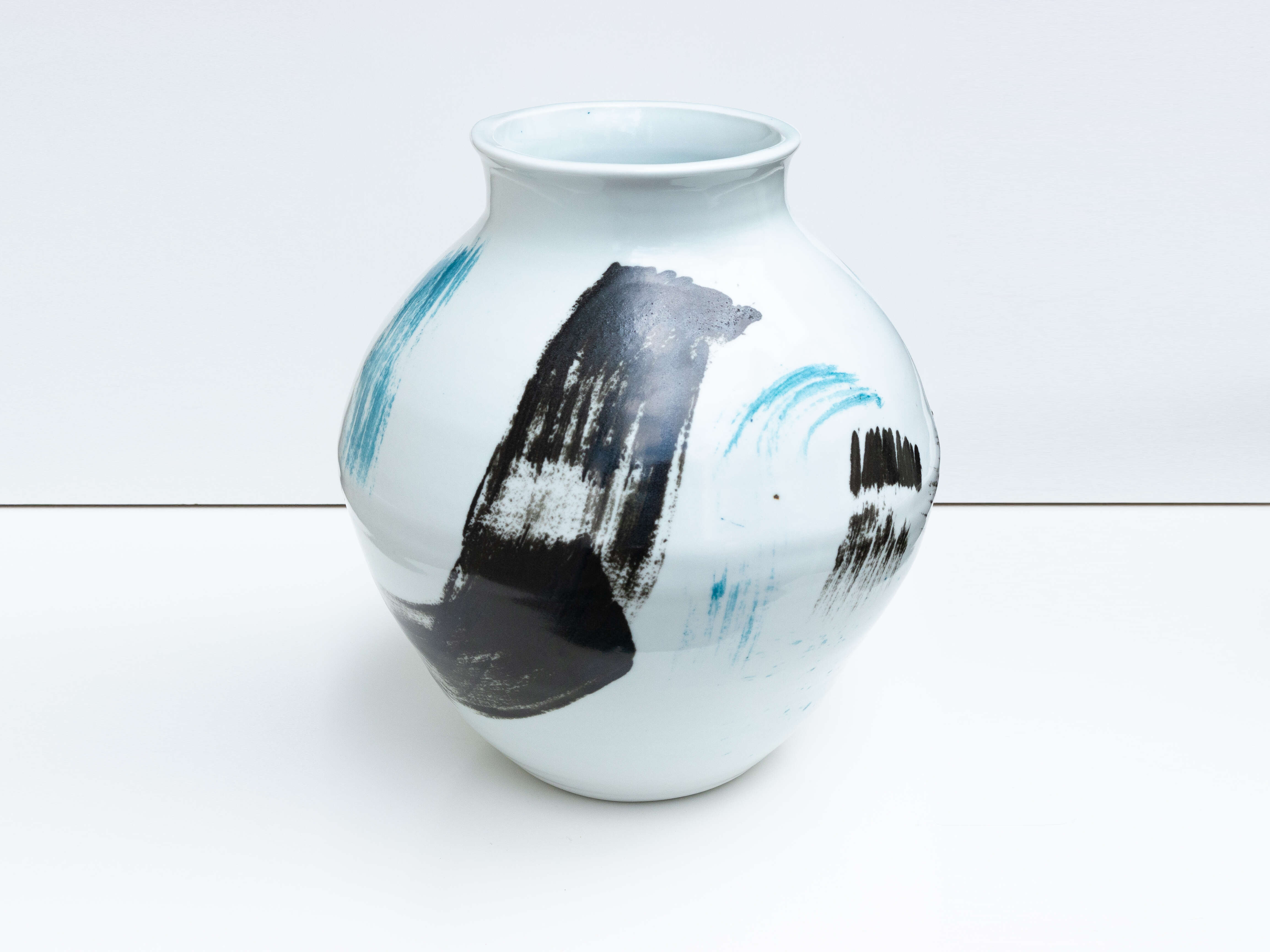 Large light blue brushstroke moon jar